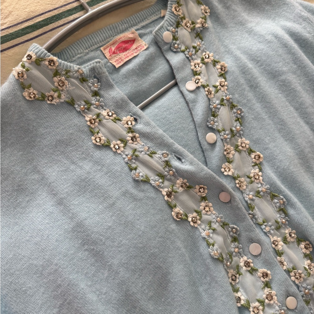 Vintage Embroidered Blue Cardigan with Floral Accents